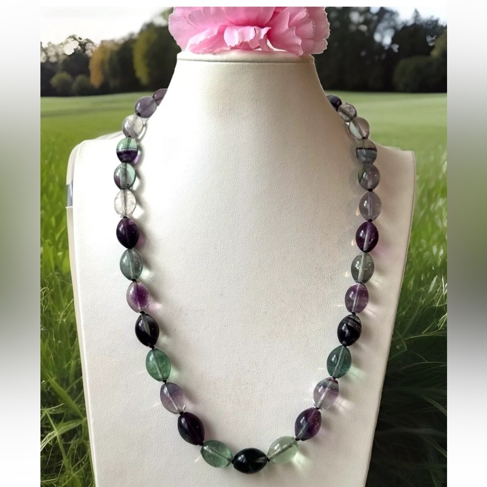Stunning and beautiful natural Fluorite gemstone hand knotted necklace 22”inch